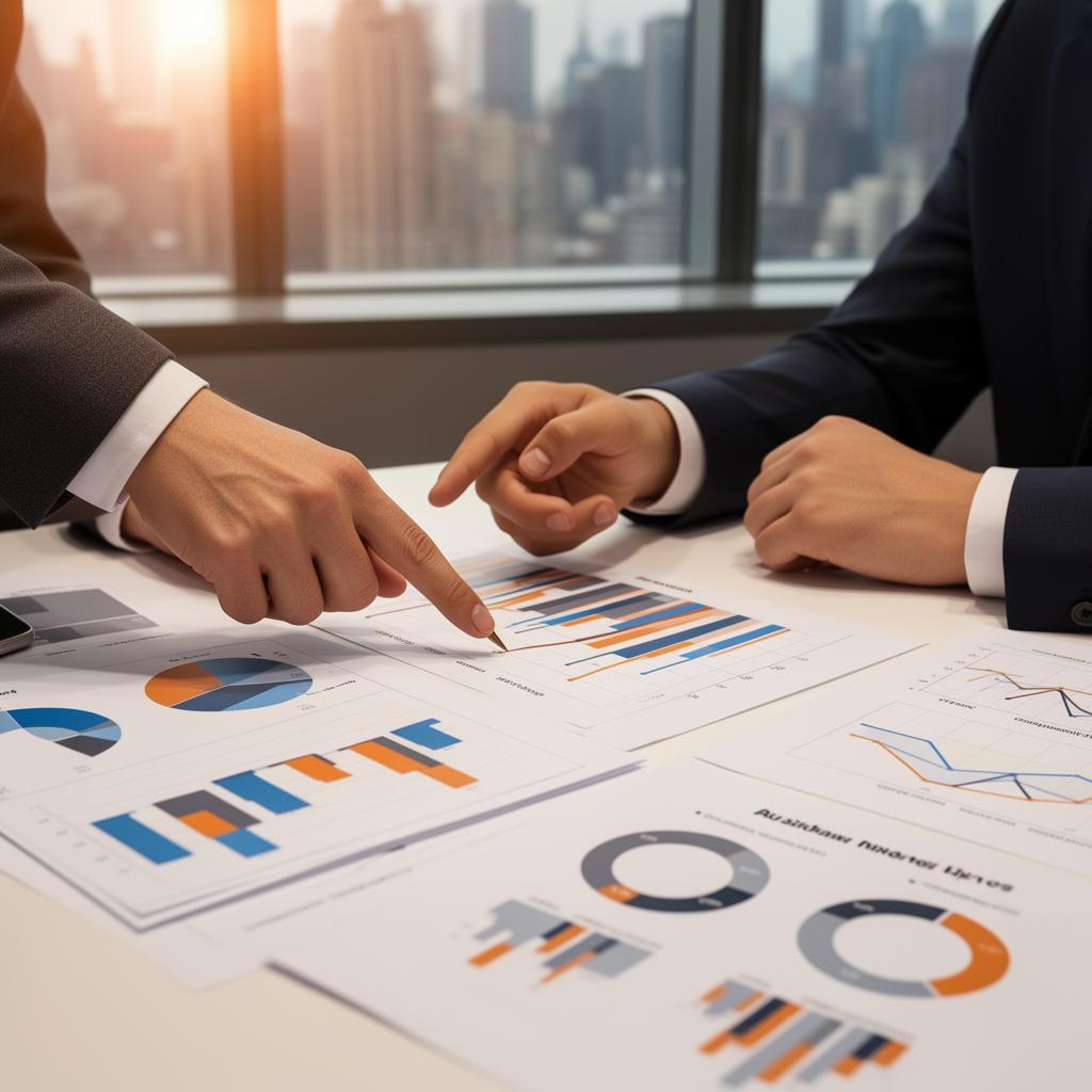 Business valuation analysis and M&A advisory - financial charts, EBITDA reports, and transaction documents on conference table in New York City