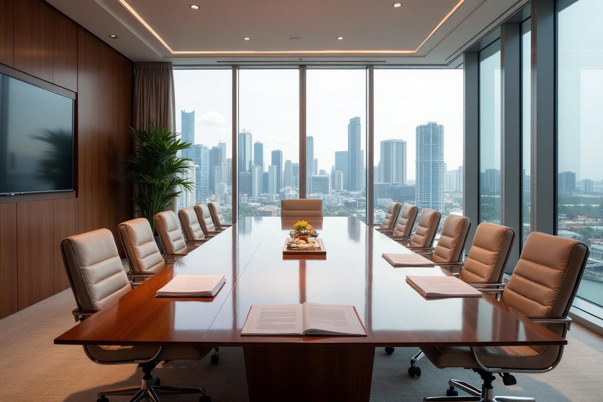 Professional New York City corporate conference room with polished table, business documents, and Midtown Manhattan skyline view through floor to ceiling windows
