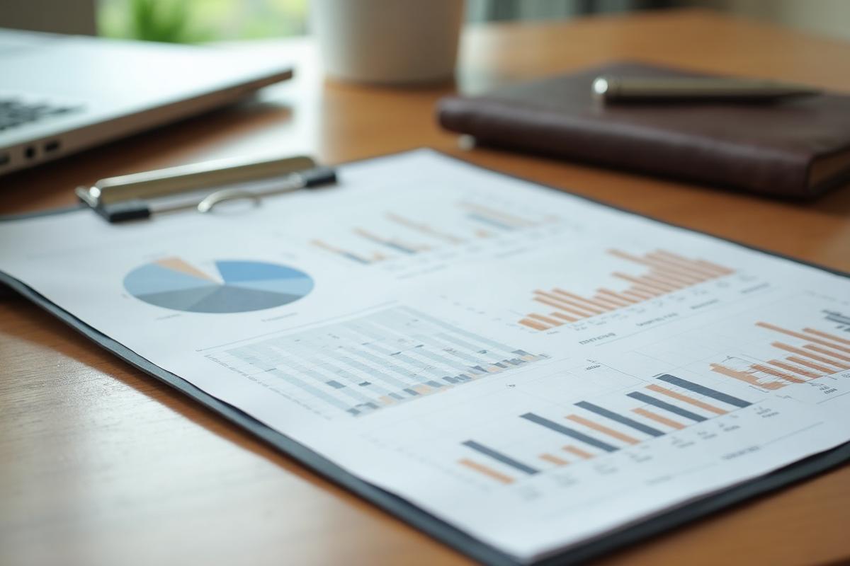 Financial reports and charts spread on desk in New York City business office showing acquisition analysis data