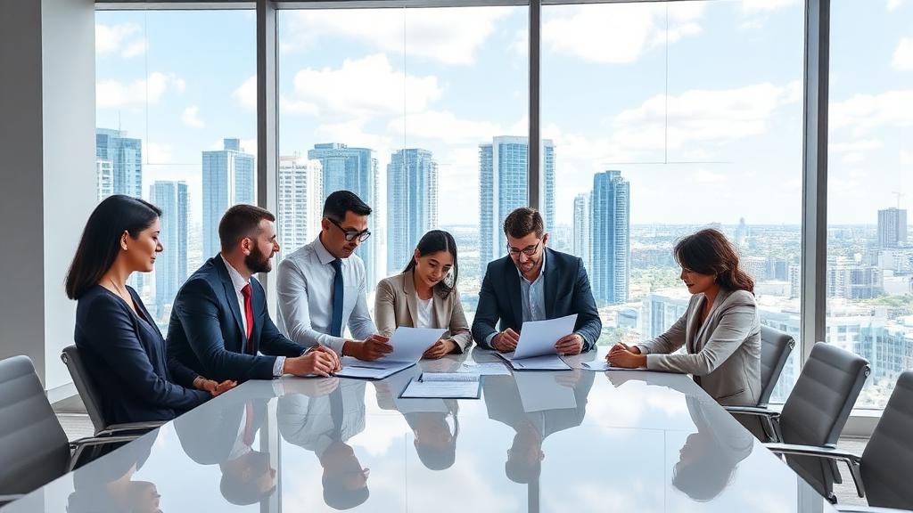 International business professionals reviewing acquisition documents in a modern New York City office with Manhattan skyline views