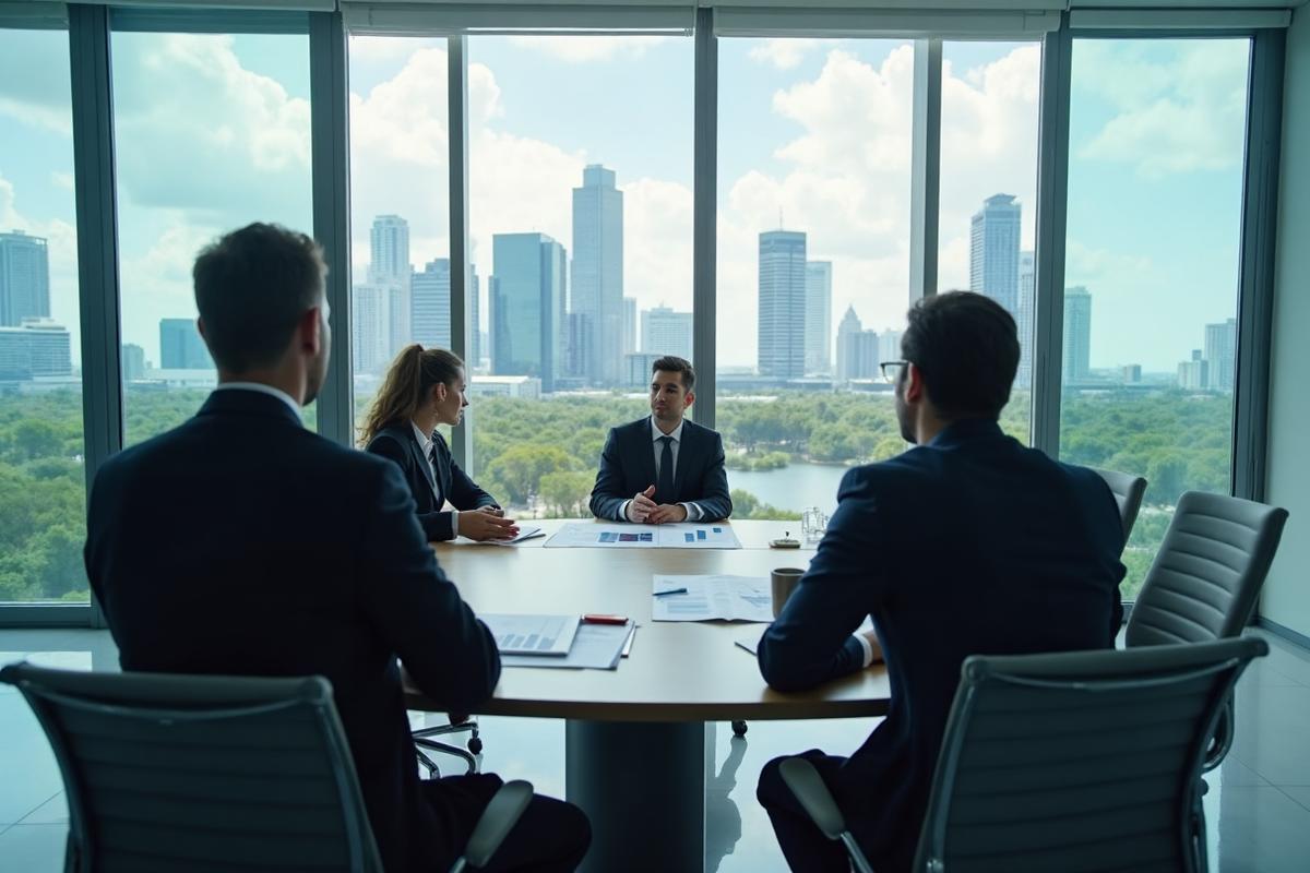 Professional business meeting in modern New York City office with executives reviewing financial documents and city skyline view
