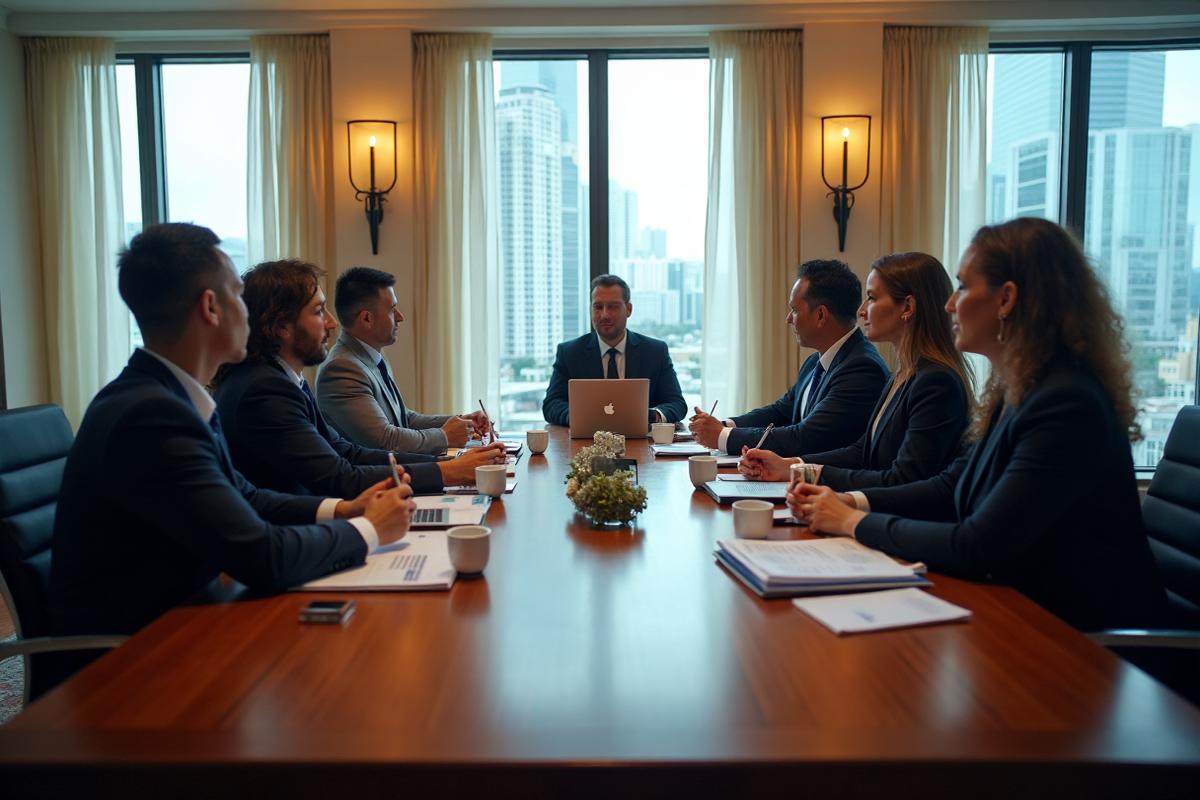 Professional New York City corporate merger meeting in Midtown boardroom with diverse business professionals discussing strategy