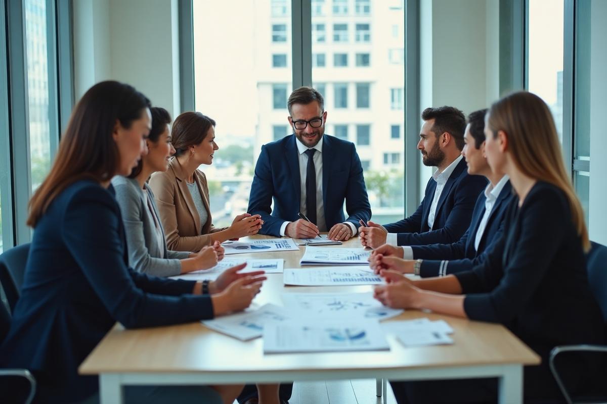 Professional business executives in New York City office analyzing strategic merger and acquisition documents and financial growth charts