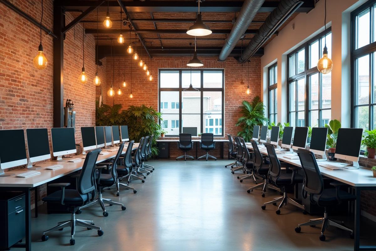 Modern New York City technology startup office interior with exposed brick walls, Edison lights, and contemporary workspace
