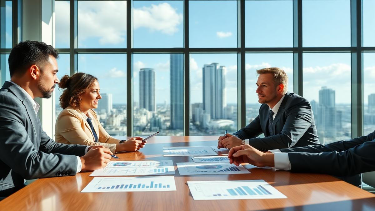 Professional business meeting discussing mergers and acquisitions in New York City