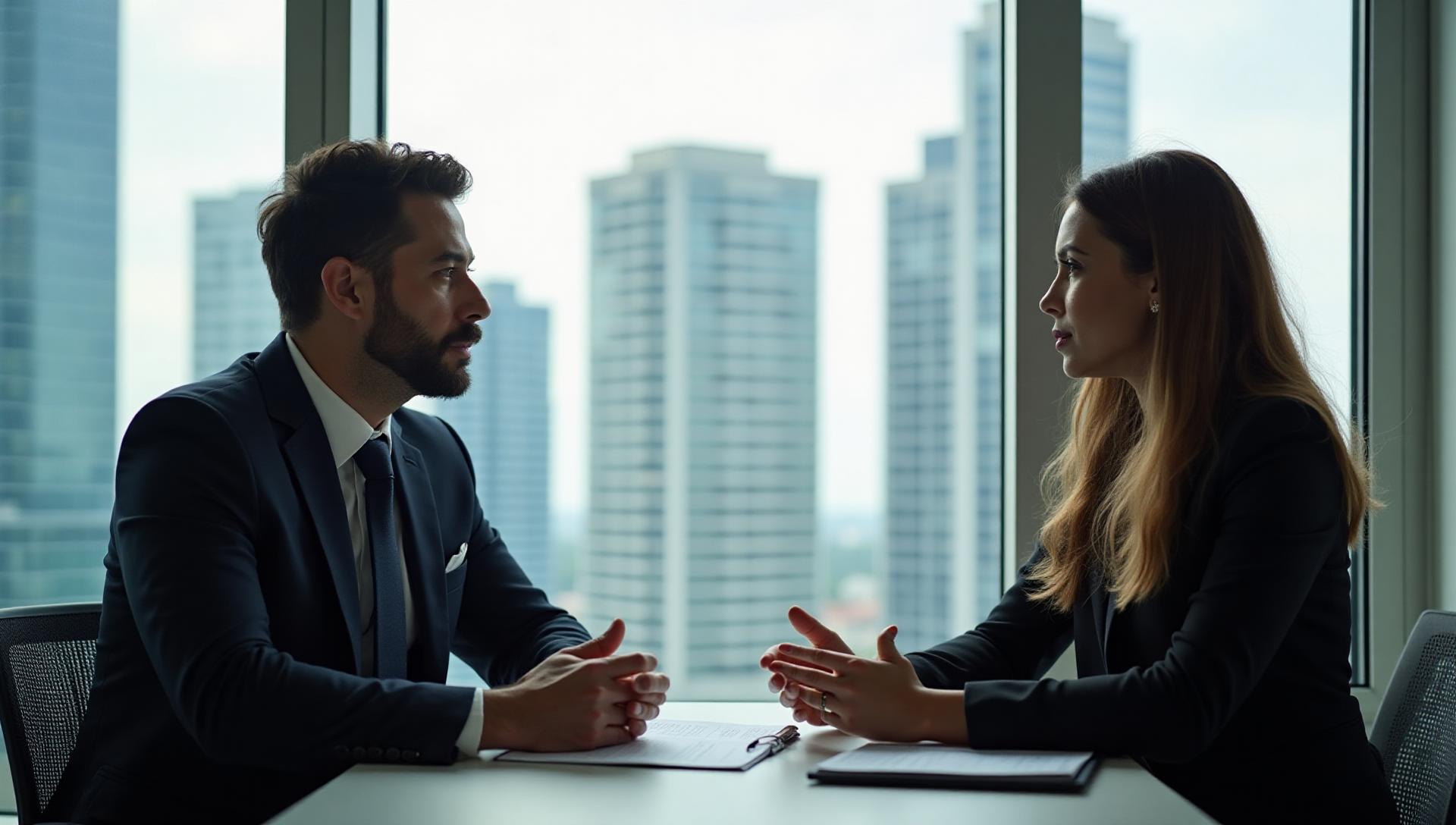 Professional business broker consulting with New York City client in Midtown office discussing business valuation and transaction services