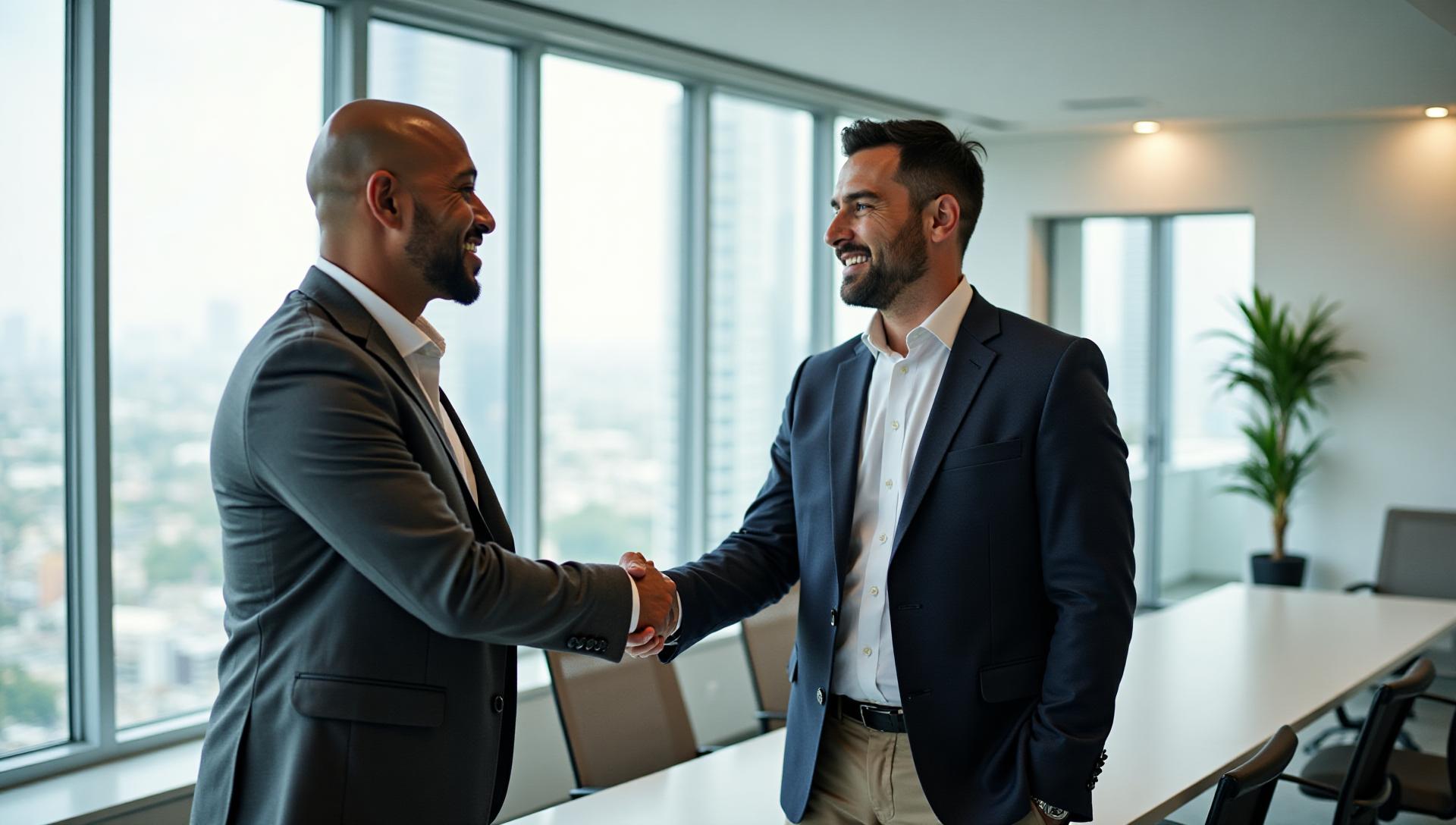 Business broker and New York City business owner shaking hands after successful business sale transaction in Midtown office