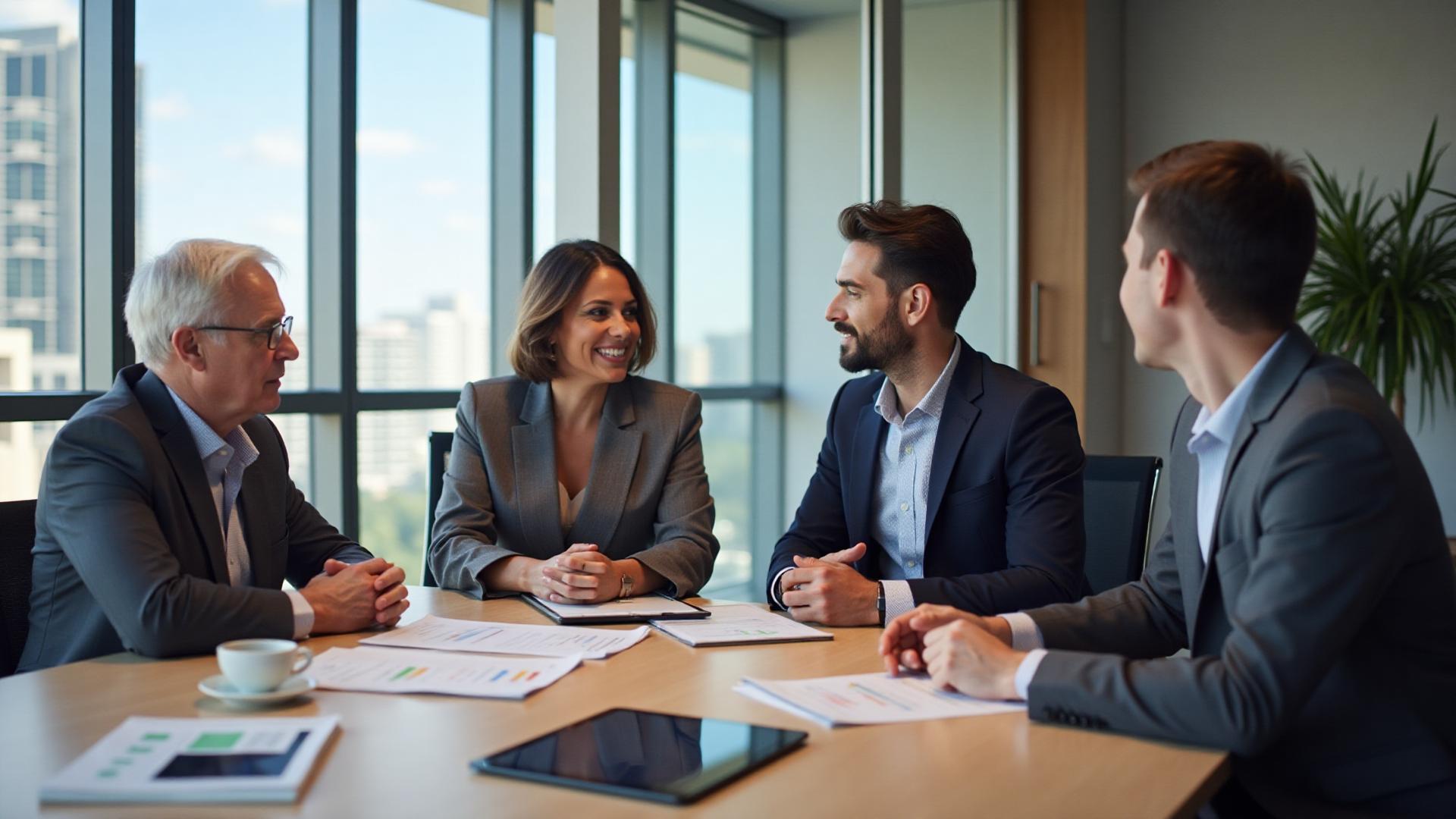 Business executives discussing mergers and acquisitions strategy in New York City office